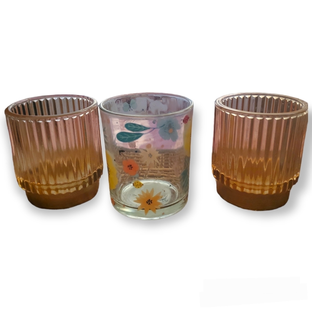 𝅺Brown floral prints and gold boho candle votive holder set of 3 small glass jar